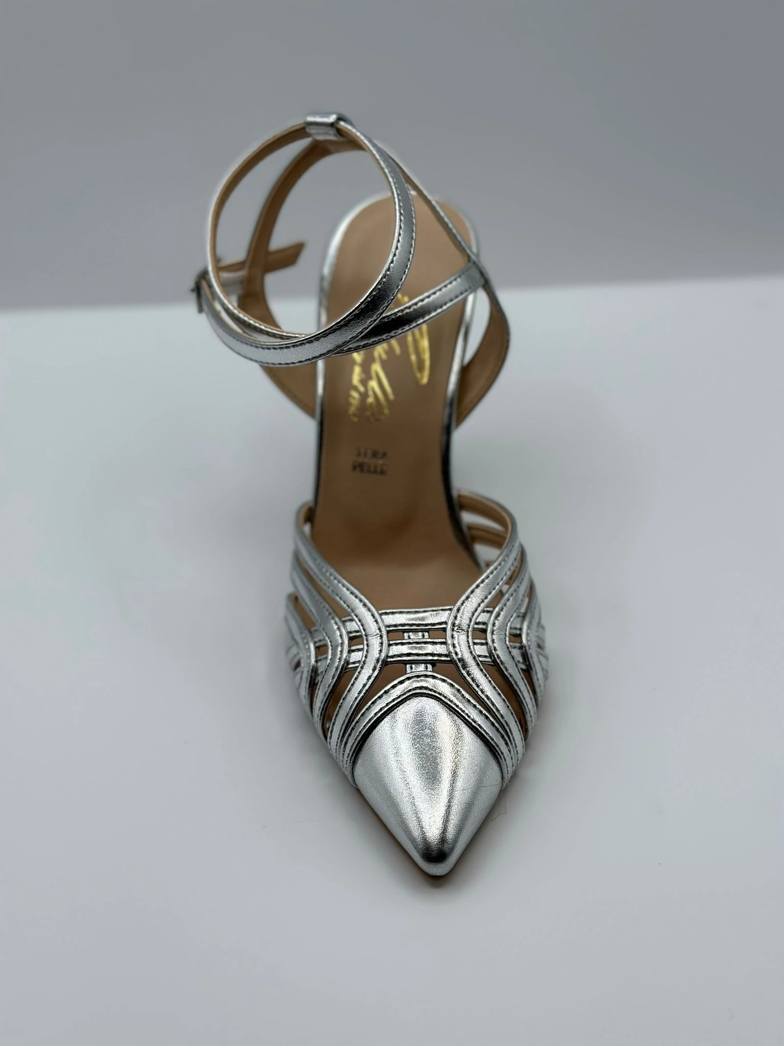 MODELLO GABBIA A PUNTA CON INCROCIO ALLA CAVIGLIA E TACCO 10cm A ROCCHETTO ARGENTO E ORO art.410A069